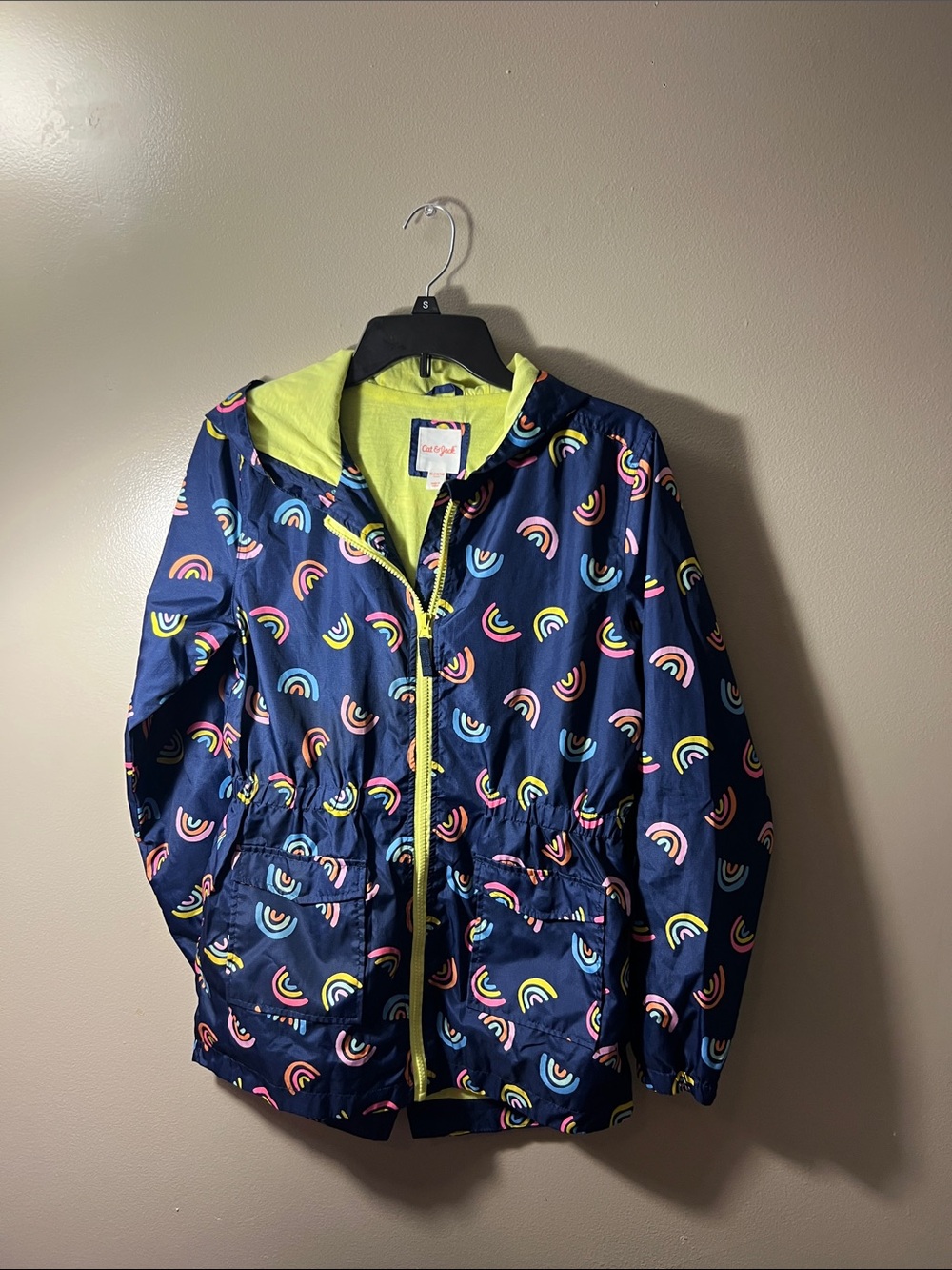 Cat & Jack Navy Raincoat with Neon Lime Lining and Multicolor Rainbow Print